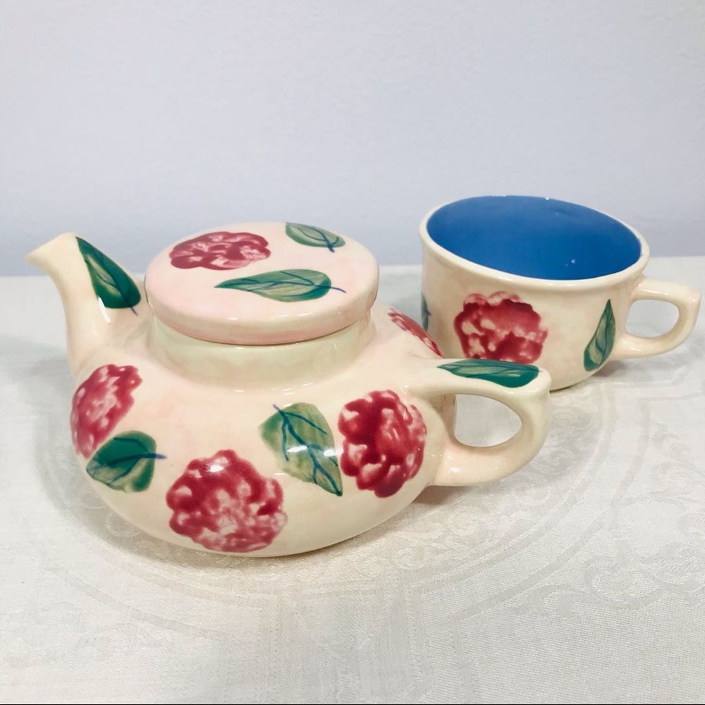 Ceramic Teapot Cup Set Floral Painted Personal Size Tea Party Set Tea Cup